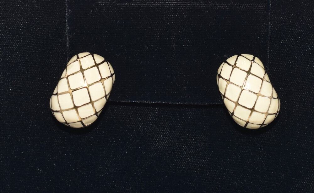 Judith Leiber Limited Edition Designer Ivory & Gold Enamel Clip Earrings